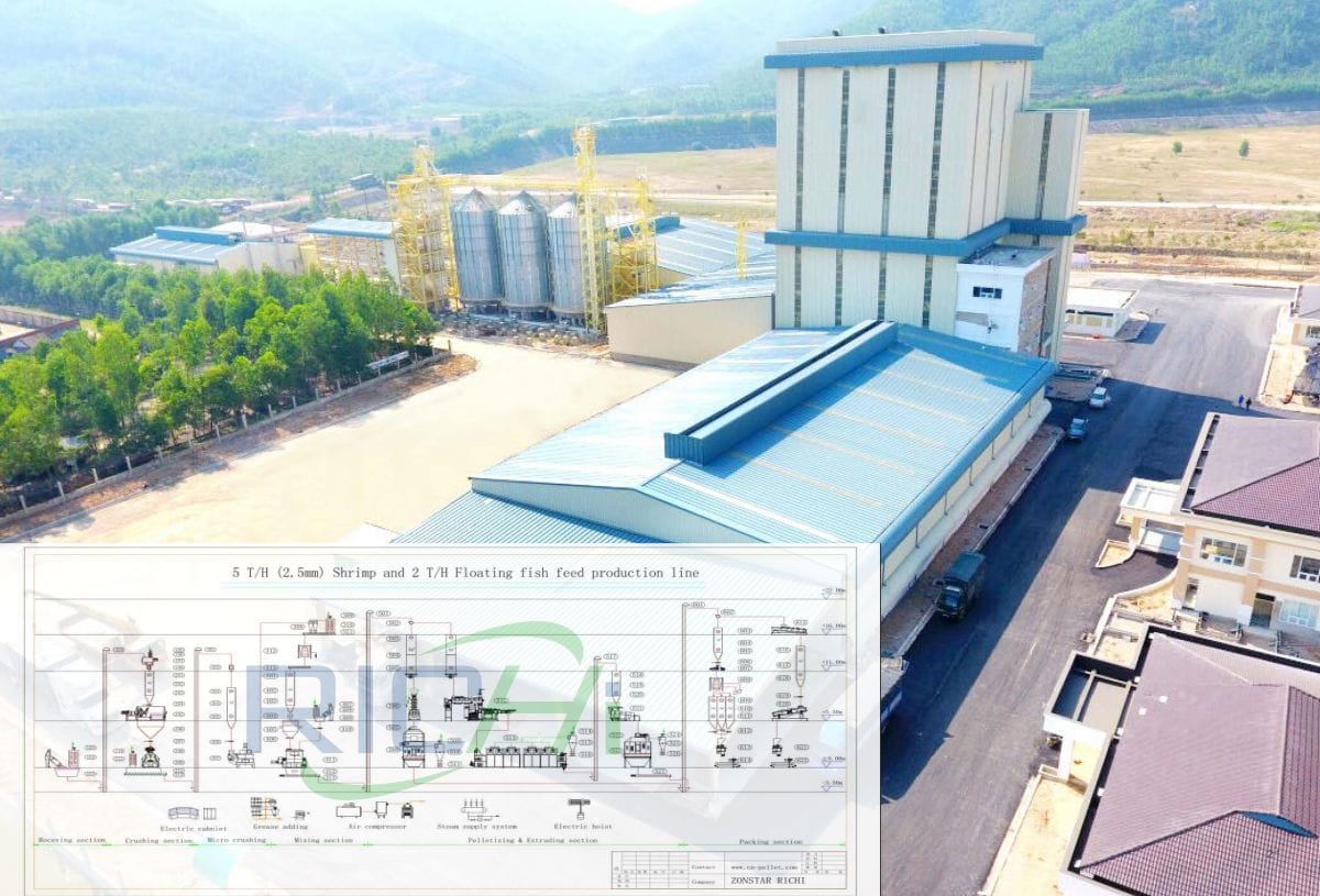 Конструкция кормового завода для креветок производительностью 5 тонн в час и завода по производству плавающего корма для рыбы производительностью 2 тонны в час